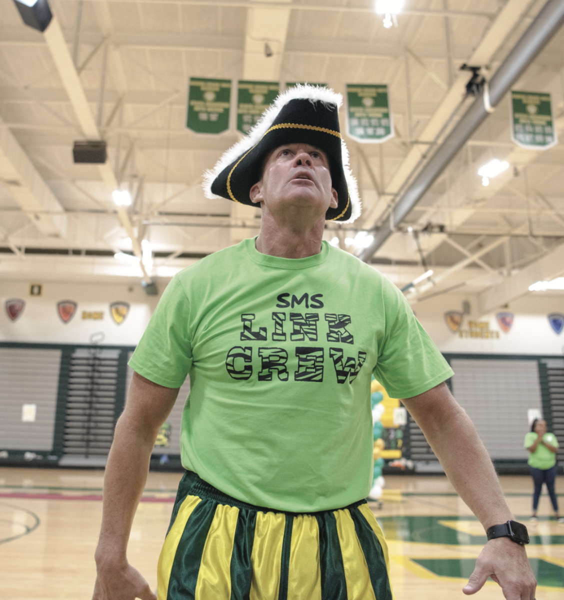 Todd Dain helps welcome freshmen on their first day, August 15, 2023.